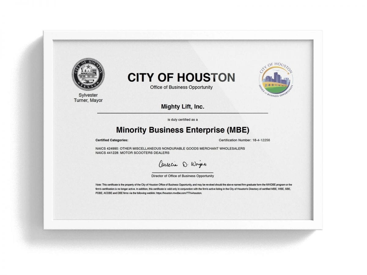 Minority Business Enterprise Certificate by City of Houston | Mighty Lift, Inc.